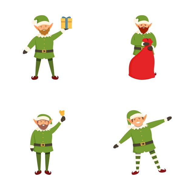 Conjunto de elfos alegres en varias poses perfectas para diseños navideños