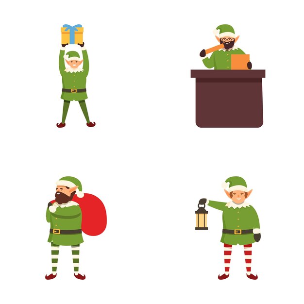 Conjunto de elfos de Navidad de dibujos animados en varias poses