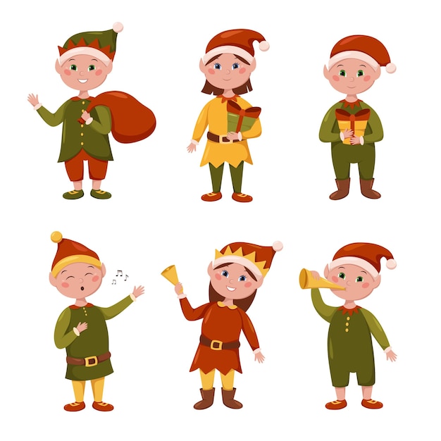 Un conjunto de elfos navideños con trajes festivos tradicionales y sombreros navideños cantando duende elfo