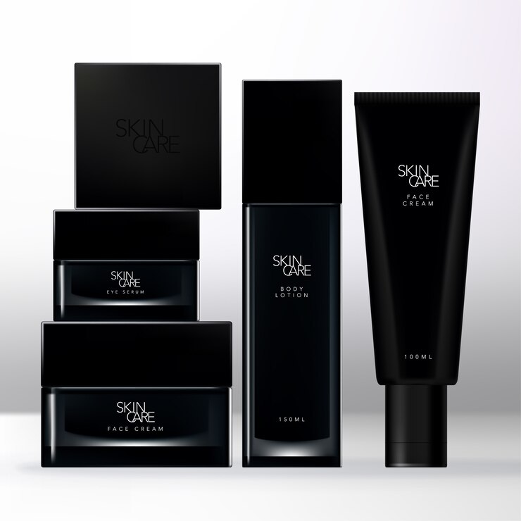 Conjunto de embalaje de belleza negro con tapa cuadrada negra, frasco transparente, botella y tubo.