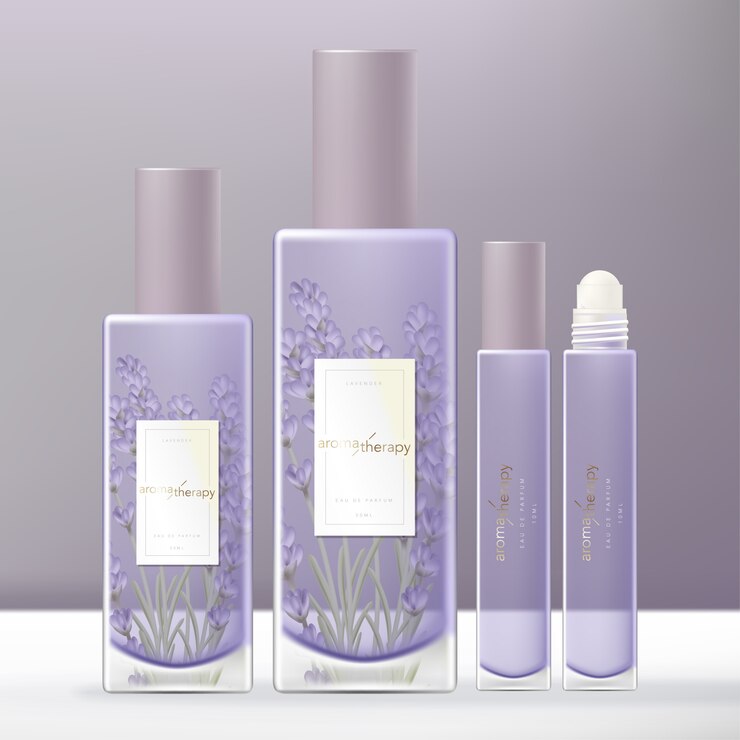 Conjunto de embalaje de botella de vidrio de perfume violeta lavanda con tubo de vidrio de aceite de perfume en rollo