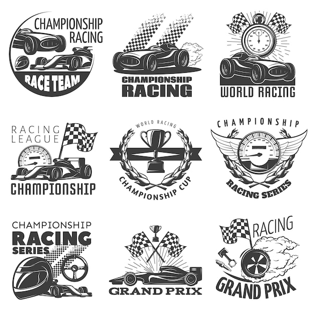 Conjunto de emblema de carreras con descripciones de campeonato mundial de carreras de carreras grand prix ilustración vectorial