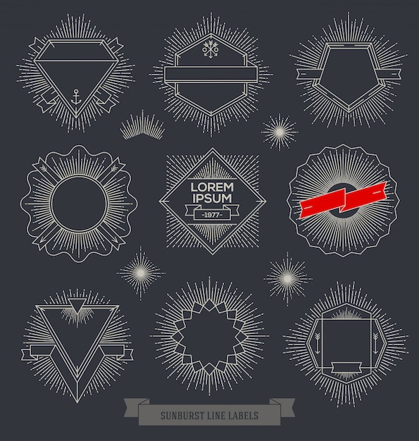 Conjunto de emblema de línea, letrero y etiquetas con rayos de rayos de sol