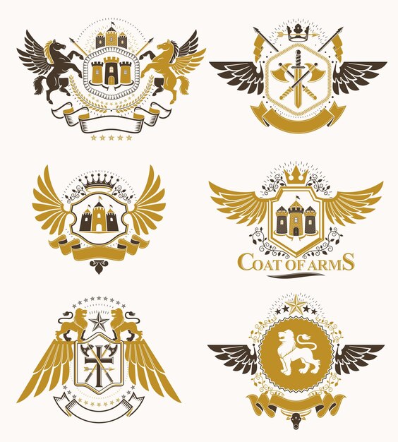 Conjunto de emblemas antiguos vectoriales creados con elementos decorativos como coronas, estrellas, alas de pájaro, armería y animales. Colección de escudos heráldicos.