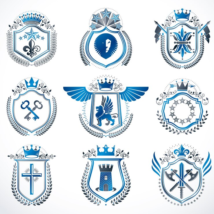 Vector conjunto de emblemas antiguos vectoriales creados con elementos decorativos como coronas, estrellas, alas de pájaro, armería y animales. colección de escudos heráldicos.