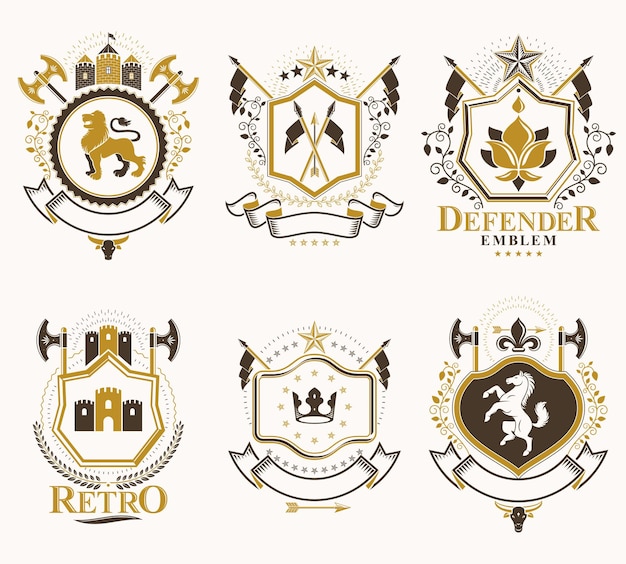 Conjunto de emblemas antiguos vectoriales creados con elementos decorativos como coronas, estrellas, cruces, armería y animales. Colección de escudos heráldicos.