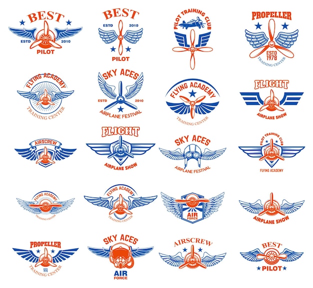 Vector conjunto de emblemas de aviones antiguos. elementos de diseño para logotipo, etiqueta, letrero, menú.