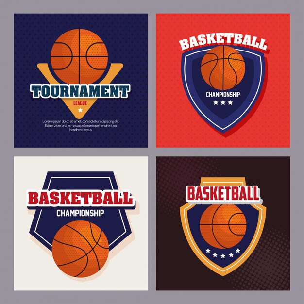 Conjunto de emblemas de baloncesto, diseños de campeonatos de baloncesto con iconos