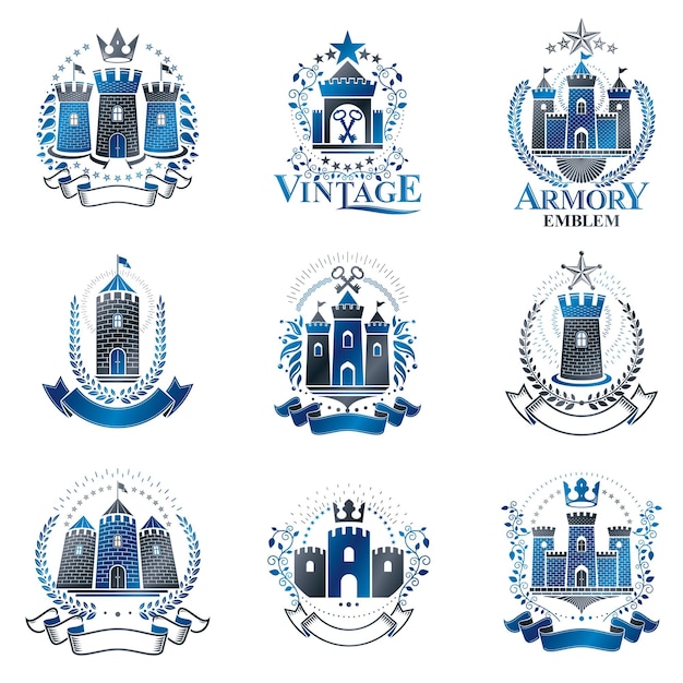 Conjunto de emblemas de bastiones antiguos. Colección de elementos de diseño vectorial heráldico. Etiqueta de estilo retro, logotipo heráldico.