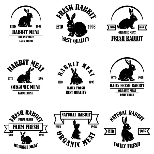 Conjunto de emblemas de carne de conejo. Elemento de diseño de logotipo, etiqueta, letrero, pancarta, póster.