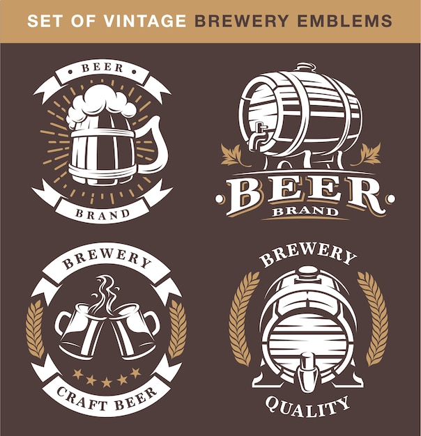 Conjunto de emblemas de cervecería vintage sobre fondo oscuro. Todos los elementos están en la capa separada.