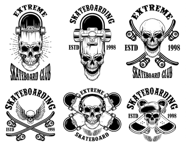 Conjunto de emblemas del club de skate con calaveras. Elemento de diseño de cartel, logotipo, letrero, etiqueta, camiseta.