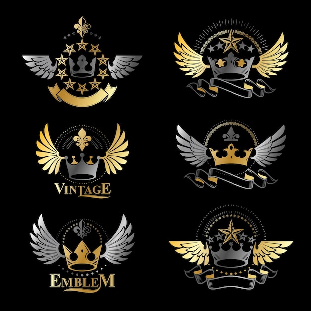 Conjunto de emblemas de coronas antiguas. Colección de elementos de diseño vectorial heráldico. Etiqueta de estilo retro, logotipo heráldico.