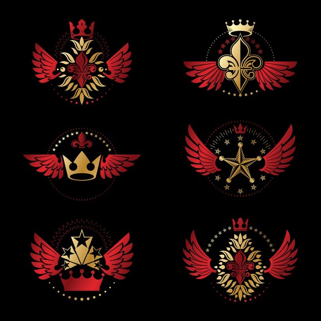 Conjunto de emblemas de coronas antiguas y estrellas militares. Colección de elementos de diseño vectorial heráldico. Etiqueta de estilo retro, logotipo heráldico.