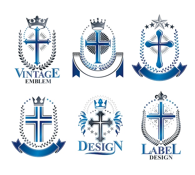 Conjunto de emblemas de cruces cristianas. Colección de elementos de diseño vectorial heráldico. Etiqueta de estilo retro, logotipo heráldico.