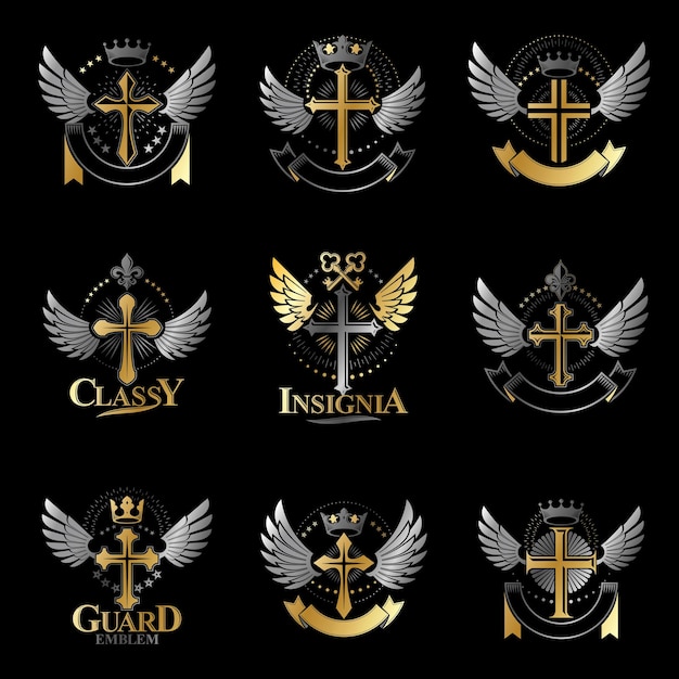 Conjunto de emblemas de cruces de cristianismo religión. Logotipos decorativos del escudo de armas heráldico colección de ilustraciones vectoriales aisladas.