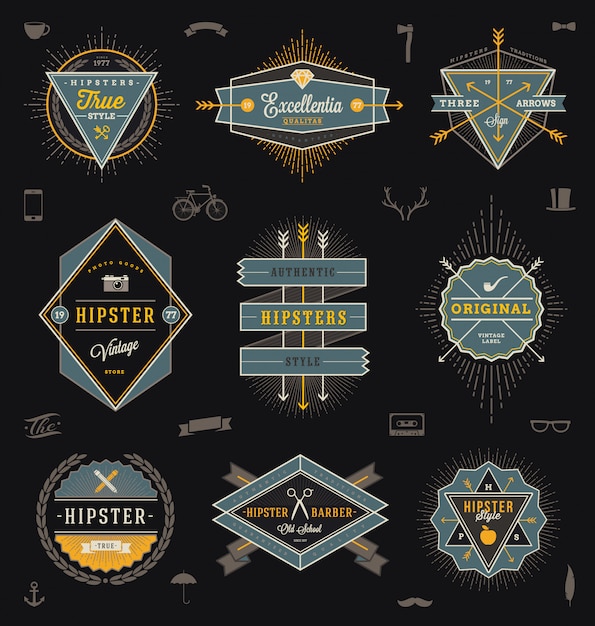 Vector conjunto de emblemas de estilo hipster, etiquetas y signos - ilustración