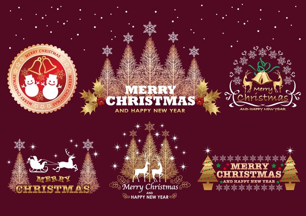Conjunto de emblemas y etiquetas de símbolos vectoriales navideños aislados en un fondo rojo oscuro