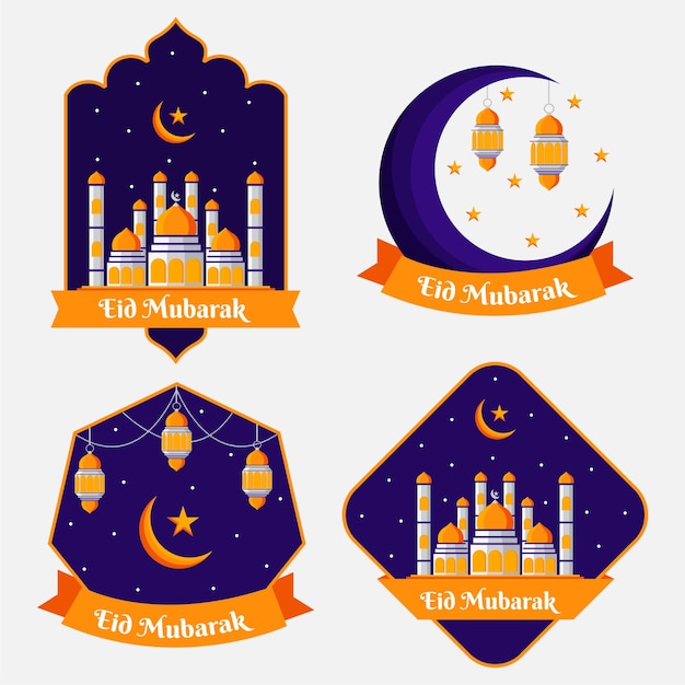 Conjunto de emblemas para la fiesta sagrada islámica Eid Mubarak Premium Vector