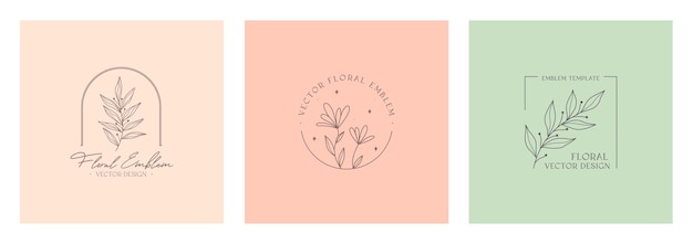 Conjunto de emblemas florales femeninos vectoriales diseños de logotipos elegantes con ramas y marco lineales de flores insignias botánicas modernas en estilo minimalista de moda plantillas de diseño boho de marca