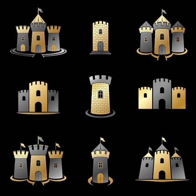 Conjunto de emblemas de fortalezas antiguas. Logotipos decorativos del escudo de armas heráldico colección de ilustraciones vectoriales aisladas.