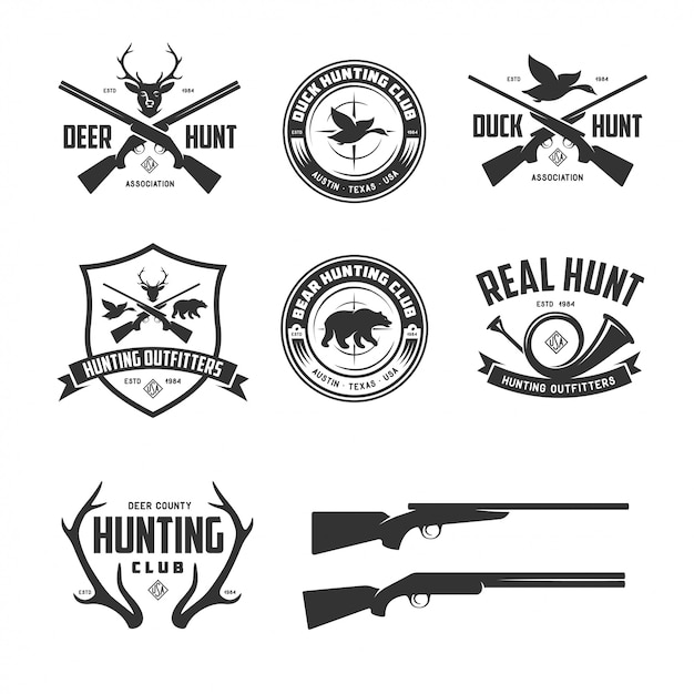 Vector conjunto de emblemas de insignias de etiquetas relacionadas de caza