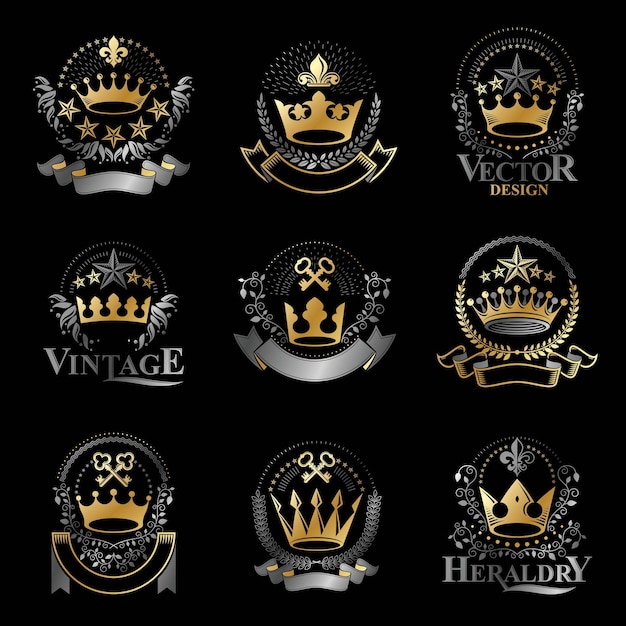 Conjunto de emblemas majestic crowns. logotipos decorativos del escudo de armas heráldico colección de ilustraciones vectoriales aisladas.