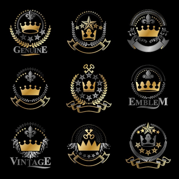 Vector conjunto de emblemas majestic crowns. logotipos decorativos del escudo de armas heráldico colección de ilustraciones vectoriales aisladas.