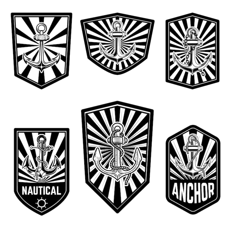 Vector conjunto de emblemas náuticos con anclajes elemento de diseño para logotipo etiqueta signo insignia ilustración vectorial