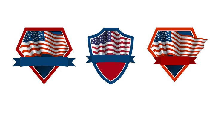Conjunto de emblemas patrióticos con ondeando bandera de Estados Unidos.