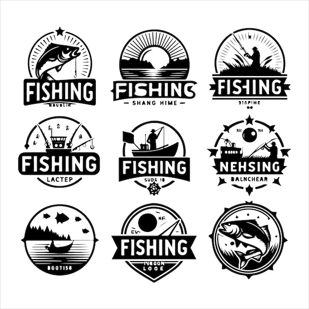 Conjunto de emblemas de pesca etiquetas insignias logotipos silueta vector