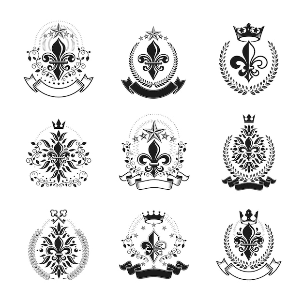 Vector conjunto de emblemas de símbolos reales de flores de lirio. logotipos decorativos del escudo de armas heráldico colección de ilustraciones vectoriales aisladas.