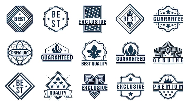 Conjunto de emblemas vectoriales de primera calidad, insignias en blanco y negro y colección de logotipos para diferentes productos y negocios, elementos de diseño gráfico clásico, insignias y premios.