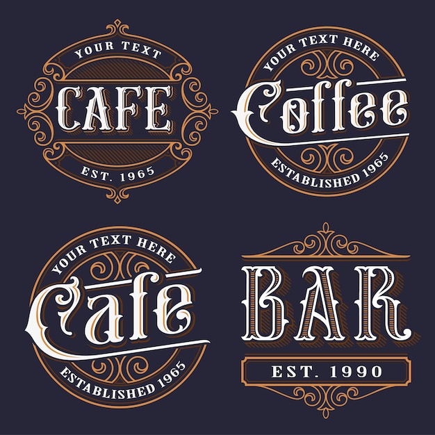 Conjunto de emblemas vintage para la restauración. ilustraciones de letras de cafetería, cafetería y bar. todos los objetos están en grupos separados.