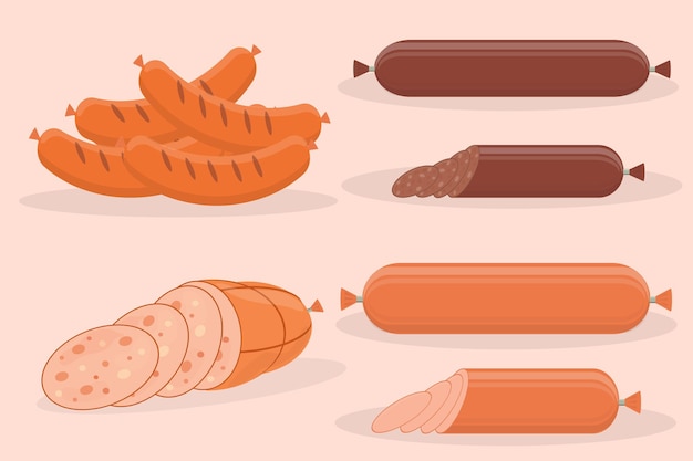 Vector un conjunto de embutidos, salchichas y salchichas hervidas de salami.