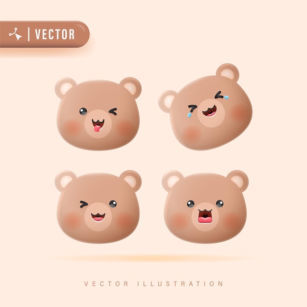 Vector conjunto de emociones de cara de oso realista en 3d con varias expresiones faciales ilustración vectorial oso de peluche