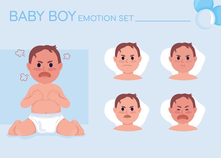 Vector conjunto de emociones de carácter de color semiplano de bebé enojado gritando