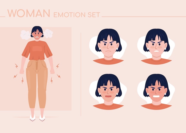 Vector conjunto de emociones de carácter de color semiplano de mujer joven enojada