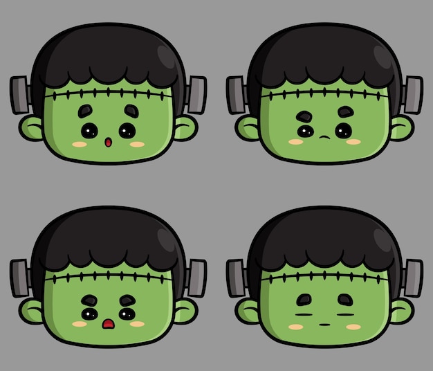 Conjunto de emociones faciales de Frankenstein. Emoticon Ilustración vectorial en estilo de dibujos animados.