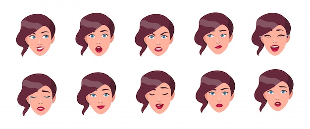 Conjunto de emociones de mujer. Carita de niña con colección de diferentes expresiones faciales. Ilustración colorida en estilo plano.