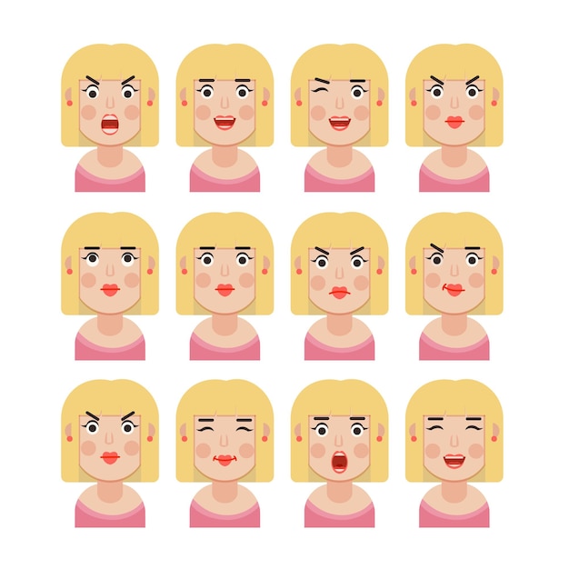 Vector conjunto de emociones de la mujer. expresión facial. chica avatar, ilustración en diseño plano, formato vectorial