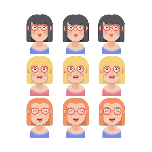 Conjunto de emociones de la mujer. Expresión facial. Chica Avatar, ilustración en diseño plano, formato vectorial