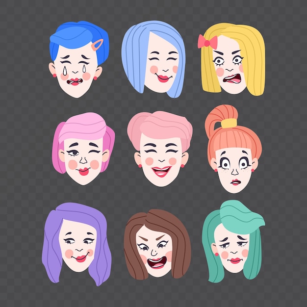 Conjunto de emociones de la mujer. expresión facial. chica avatar. ilustración de un diseño plano, formato vectorial