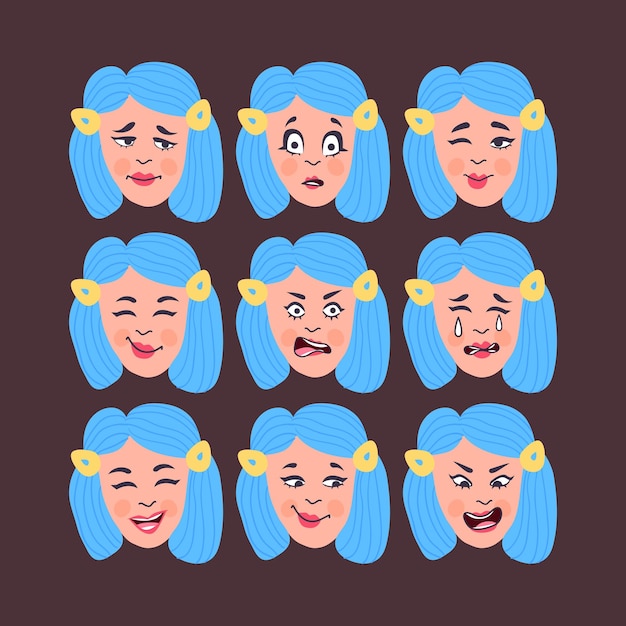 Conjunto de emociones de la mujer Expresión facial Chica Avatar Ilustración de un diseño plano Formato vectorial