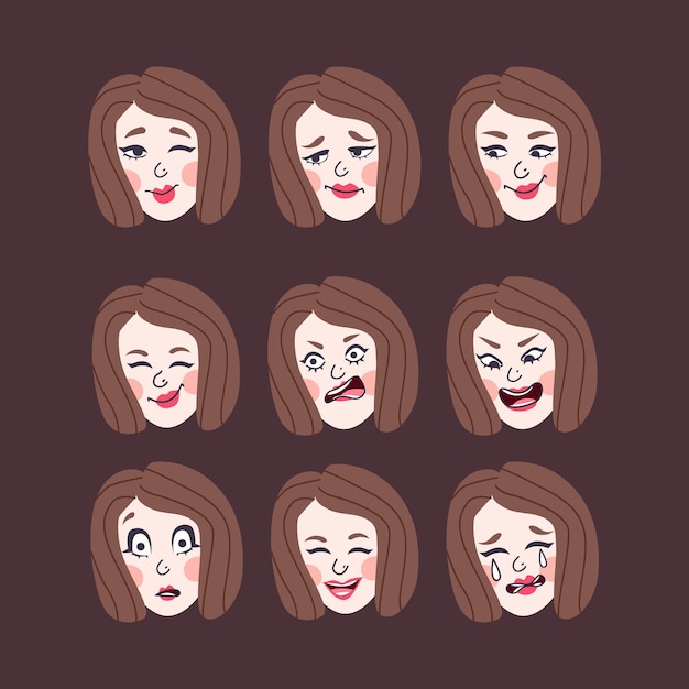 Conjunto de emociones de mujer expresión facial chica avatar ilustración de un diseño plano