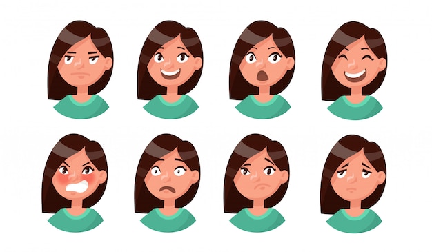 Vector conjunto de emociones de la mujer. expresión facial. chica avatar.