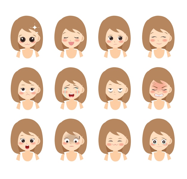 Vector conjunto de emociones de la mujer. expresión facial. dama con diferentes expresiones faciales.