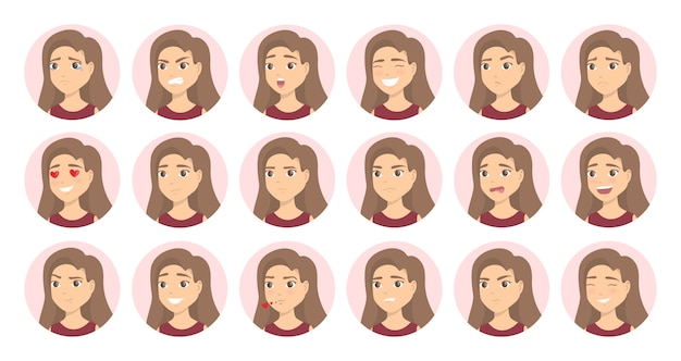 Conjunto de emociones de mujer. Triste y feliz, cansado y perezoso.