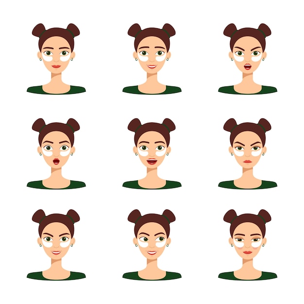 Conjunto de emociones de niña hermosa, ilustración vectorial