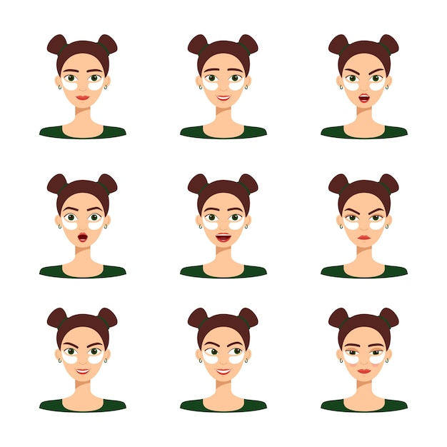 Vector conjunto de emociones de niña hermosa, ilustración vectorial